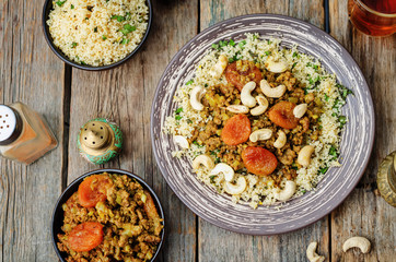 Spiced mince with dried apricots, cashew nuts and couscous. Moro
