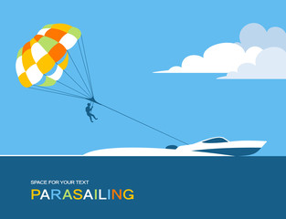 Man parasailing with parachute behind the motor boat