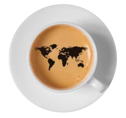 Fotobehang world map drawing art on coffee foam in cup © drummatra