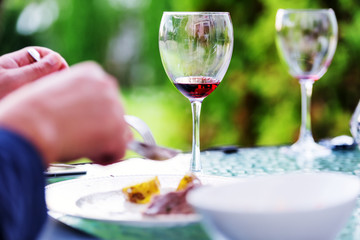 Glasses of red wine at restaurant concept