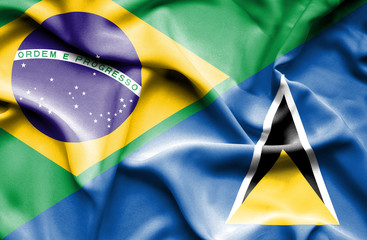 Waving flag of St Lucia and Brazil