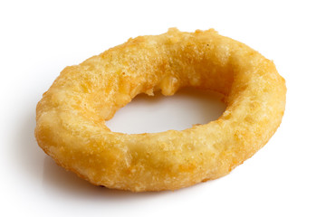 Single deep fried onion or calamari ring isolated on white.