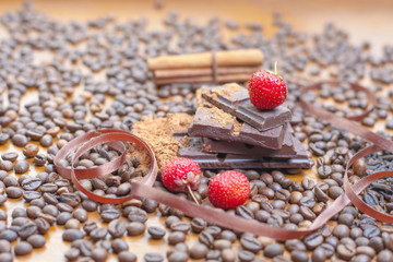 holiday of chocolate day - wooden table background of coffee