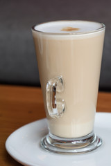 hot coffee on wood table