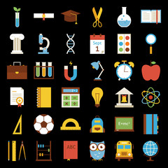 Vector Big Flat Back to School Objects Set over Black Background