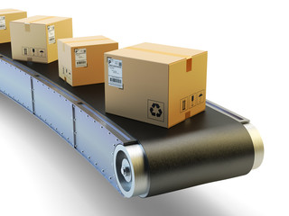 Packages delivery and mail service shipment concept, purchases transportation system, cardboard boxes on conveyor belt isolated on white background