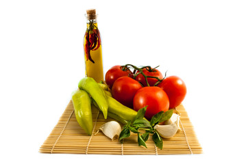 vegetables with ilive oil isolated on white background