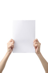 hands holding A4 paper, isolated on white
