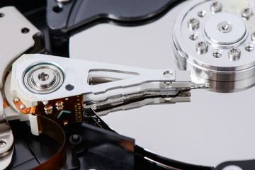 closeup of disassembled Hard disk drive.