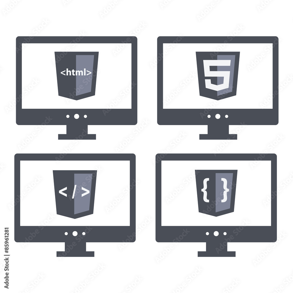 Poster illustration set with shield html five tag and brackets sign on