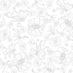 Fototapeta premium Vector Gray Drawing Tropical Flowers Seamless Pattern