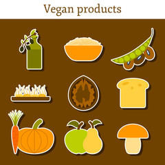 Set of modern stickers in flat style on vegan food theme