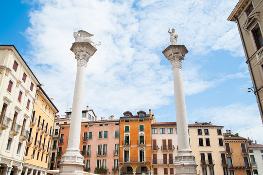 View of the two columns and some typical palaces in the main square of Vicenza