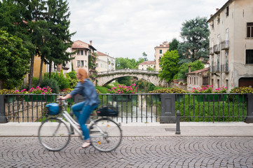 Obraz premium Flowered balcony of Saint Paul bridge in Vicenza, Retrone river and Saint Michele bridge in the background