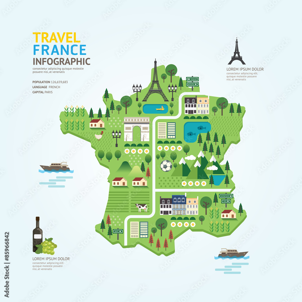 Wall mural Infographic travel and landmark france map shape template design