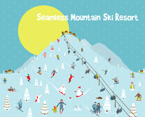 Fototapeta na wymiar Cartoon Mountains Skyline Ski Resort Seamless Border Pattern