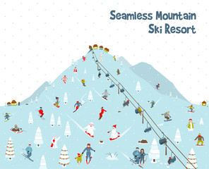 Cartoon Mountain Ski Resort Seamless Border Pattern