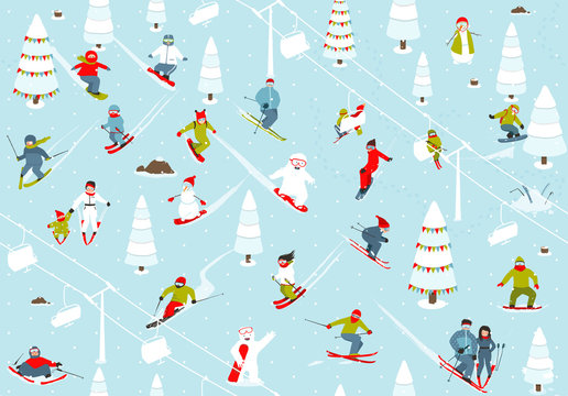 Cartoon Mountain Ski Resort Seamless Pattern