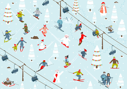 Ski Resort Seamless Pattern with Snowboarders and Skiers