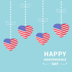 Fototapeta premium Hanging heart flags Star and strip Happy independence day United states of America. 4th of July. Flat design