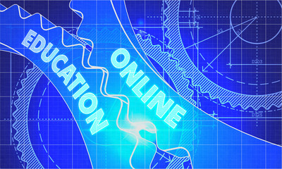 Online Education on the Cogwheels. Blueprint Style.