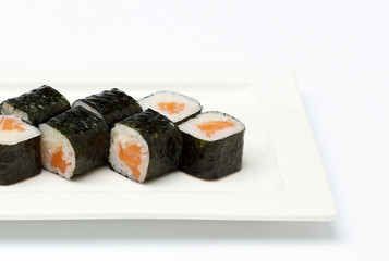 Sushi on white plate.