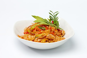 Brown rice on white plate.