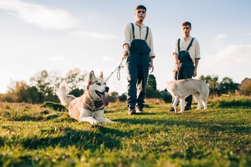 Twins take a walk with the dogs Huskies