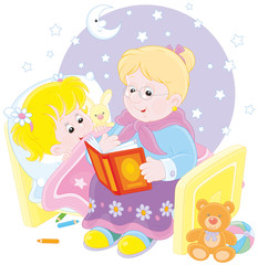 Grandmother reading aloud a book of fairy tales to her grandchild lying in her bed
