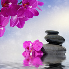 Fototapeta na wymiar Zen spa concept background - Zen massage stones and orchid flowers reflected in water