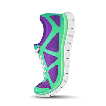 Realistic bright curved sport shoes for running. Vector illustration