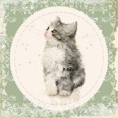 Vintage card with fluffy kitten. Imitation of watercolor paintin