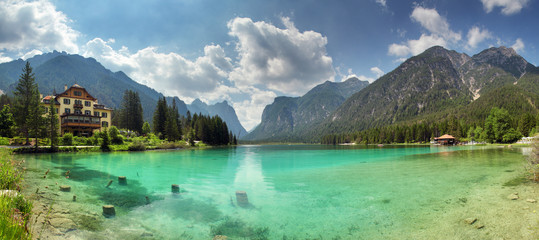 Panorama of Lake dobbiaco, Dolomites mountain - obrazy, fototapety, plakaty
