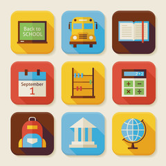 Vector Flat Back to School Squared App Icons Set