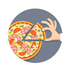 Pizza with hand in cartoon style