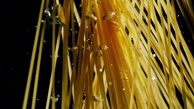 Spaghetti falling into water. Shoot on Digital Cinema Camera in slow motion - ProRes 422 codec.