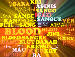 Blood multilanguage wordcloud background concept glowing