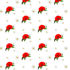 Seamless pattern with chamomile and poppies flowers