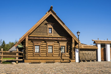 Russian wooden house in the museum of wooden architecture in Kostroma