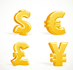 Monetary gold signs - dollar, pound, euro and yen