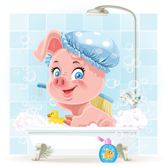 Pretty pink little piggy taking a bath with foam
