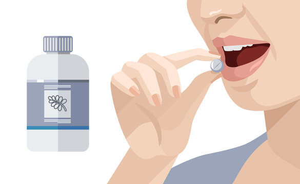 Woman takes a pill. Vector flat illustration