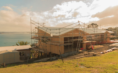 Fototapeta na wymiar construction of a wooden house with a sea view New Zealand