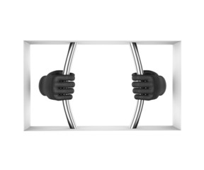 Hands in black gloves decompress the prison bars. 3d render. Whi