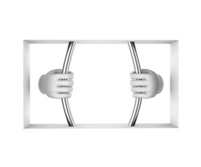 Hands in white gloves decompress the prison bars. 3d render. Whi