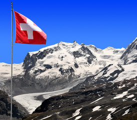 Mount Monte Rosa with Swiss flag - Pennine Alps, Switzerland