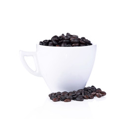 Coffee beans in white cup isolated on white background