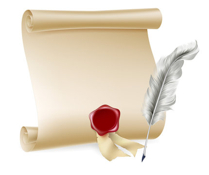 Quill pen and scroll with wax seal