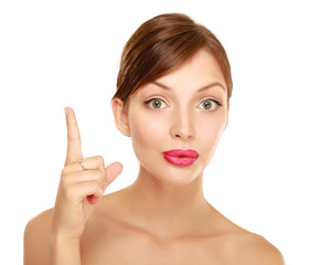 Obraz premium Closeup of an emotional young woman showing up isolated on white