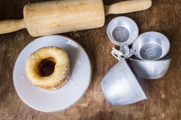 Fresh donut served on wood